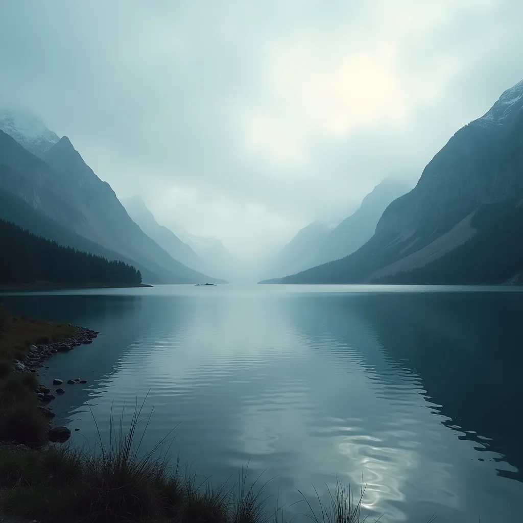 A serene landscape with a lake surrounded by mountains, foggy morning light