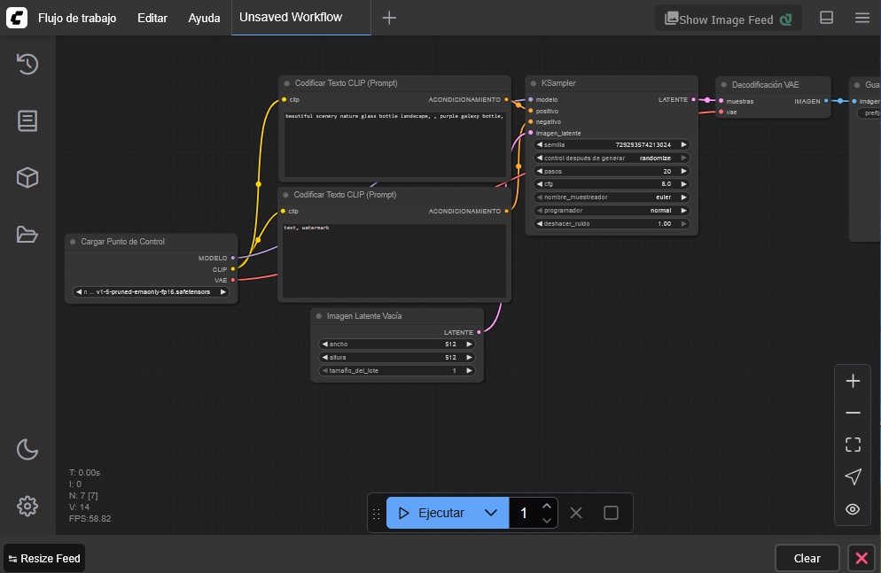 Diagrama de flujo simple con la ruta: Prompt → Checkpoint → Sampler → Output