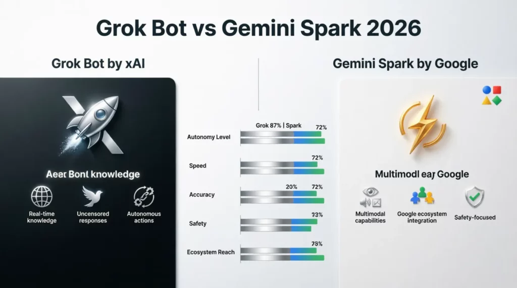 Comparativa de agentes de IA autónomos: Grok Bot de xAI y Gemini Spark de Google para 2026.