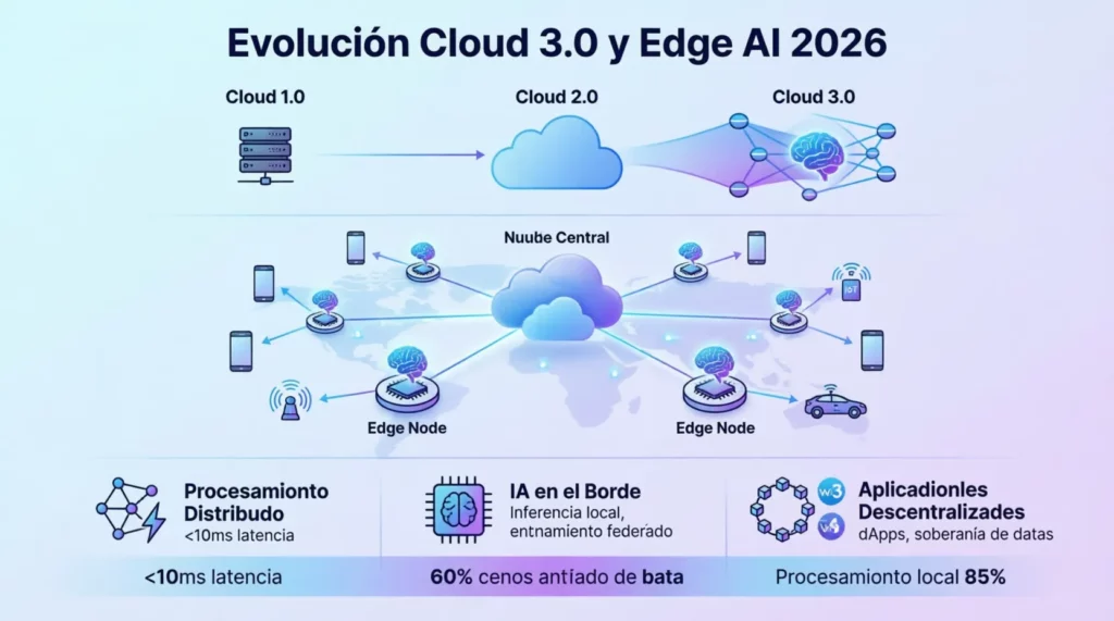 Evolución de Cloud 3.0 e inteligencia artificial en el borde (Edge AI) para aplicaciones descentralizadas en 2026.