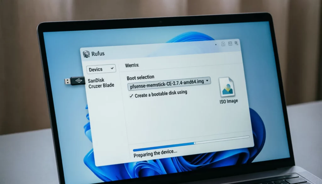 Pantalla de Rufus creando el USB booteable de pfSense