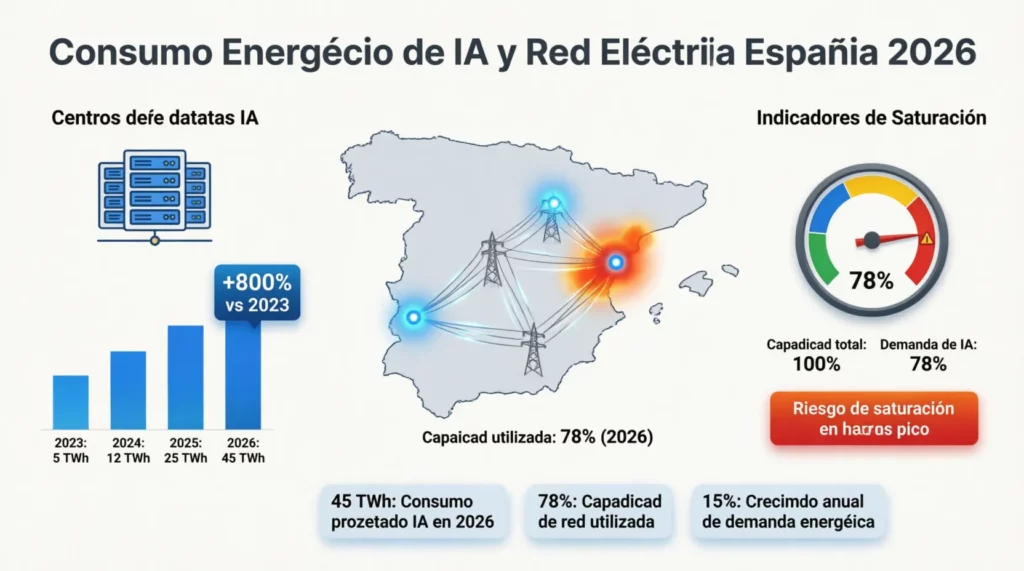 Gráfico del consumo energético de IA en centros de datos y saturación de la red eléctrica en España para 2026.
