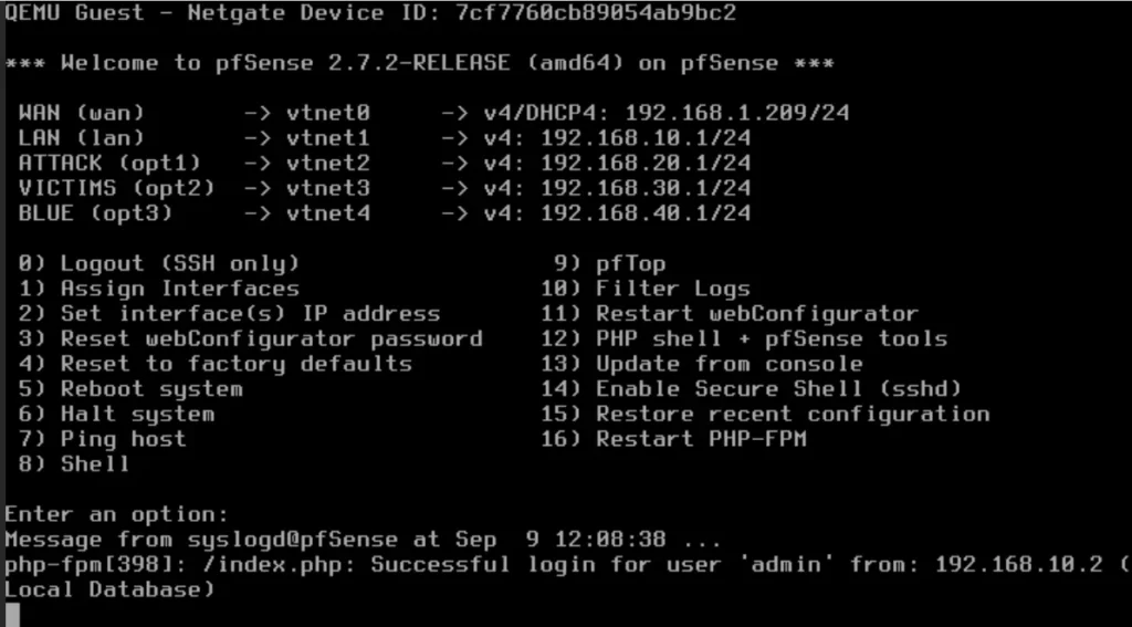 Consola de pfSense mostrando la asignación de interfaces WAN y LAN