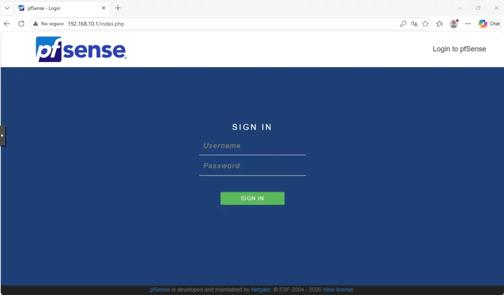 Pantalla de inicio de sesión de la webGUI de pfSense en 192.168.10.1