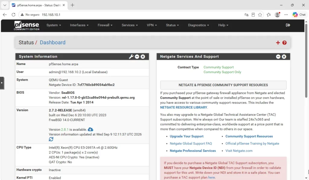 Interfaz web de administración de pfSense mostrando el dashboard principal