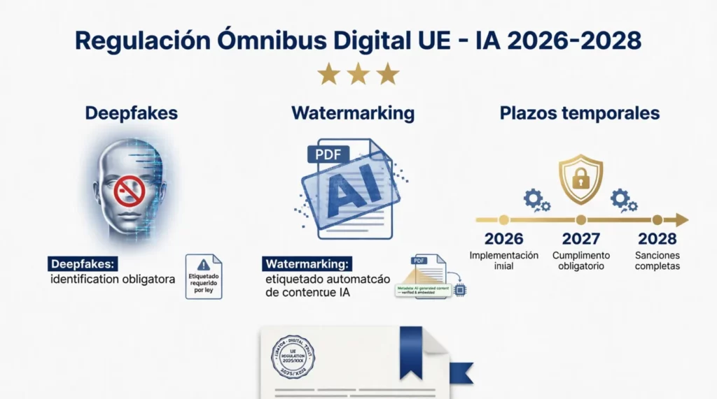 Infografía de la regulación Ómnibus Digital de la UE para IA: deepfakes, watermarking y plazos para 2026-2028.