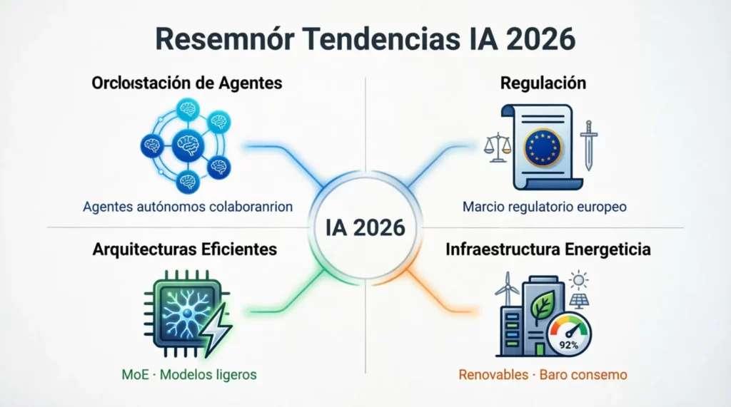 Resumen de tendencias IA 2026: orquestación de agentes, regulación, arquitecturas eficientes e infraestructura energética.