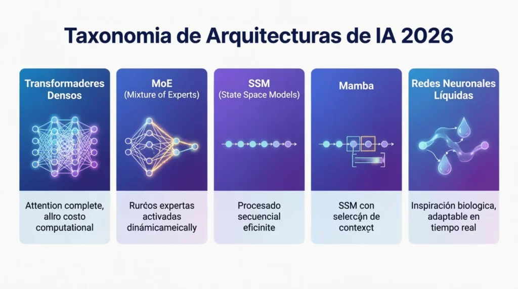 Taxonomía de arquitecturas de IA en 2026: Transformadores densos, MoE, SSM, Mamba y redes neuronales líquidas.