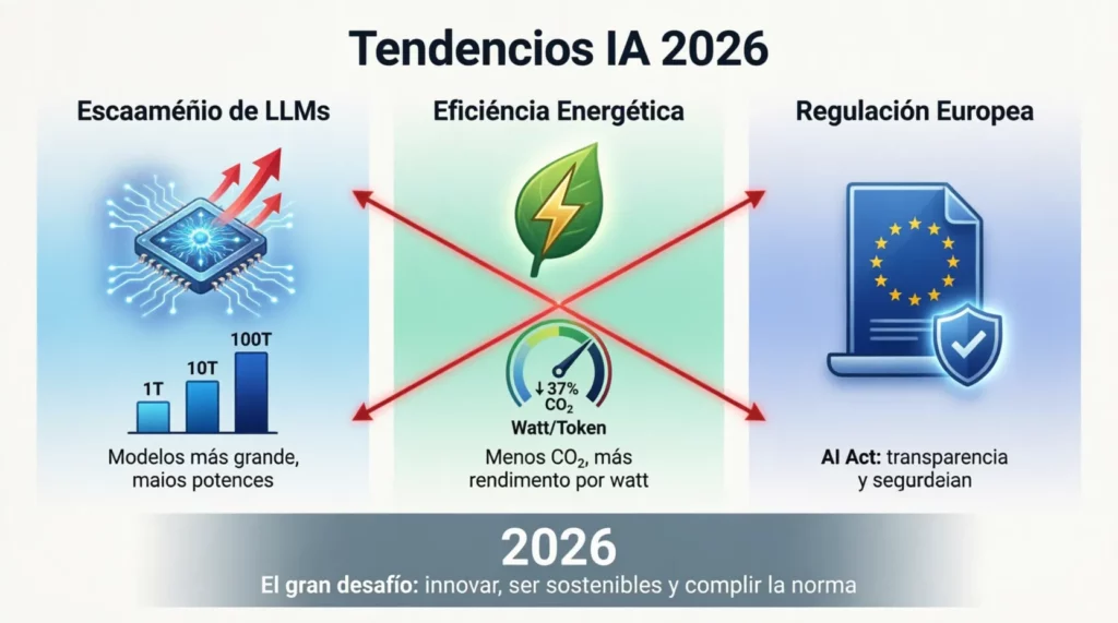Tendencias IA 2026: tensión entre el escalamiento de LLMs, la eficiencia energética y la nueva regulación europea.