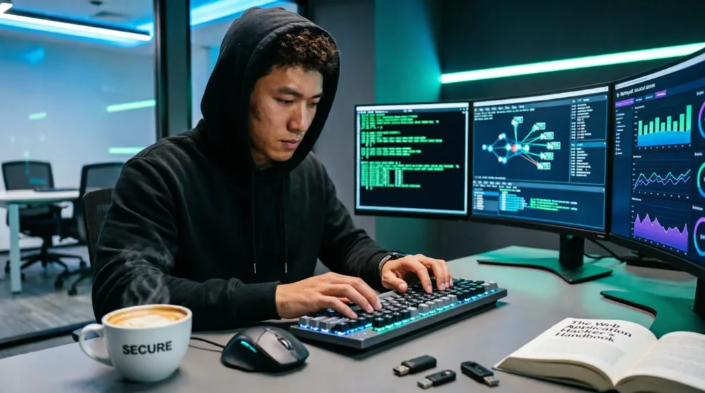Hacker ético trabajando en un laboratorio de ciberseguridad