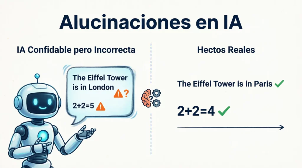 Ejemplo gráfico de alucinaciones en modelos de lenguaje grande donde la IA generativa inventa información falsa.