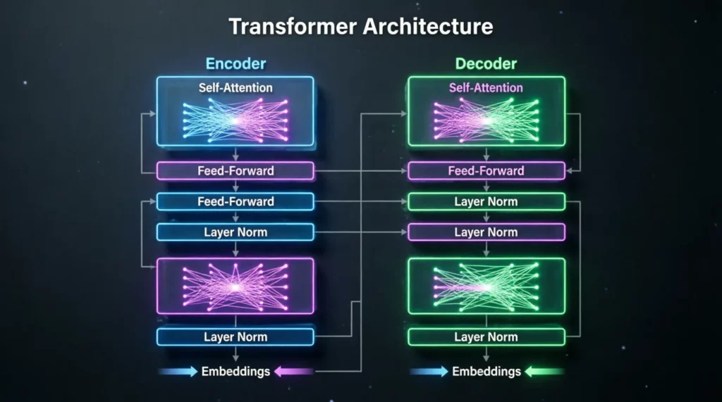 Arquitectura del modelo transformador con mecanismo de self-attention y capas feed-forward para IA generativa.