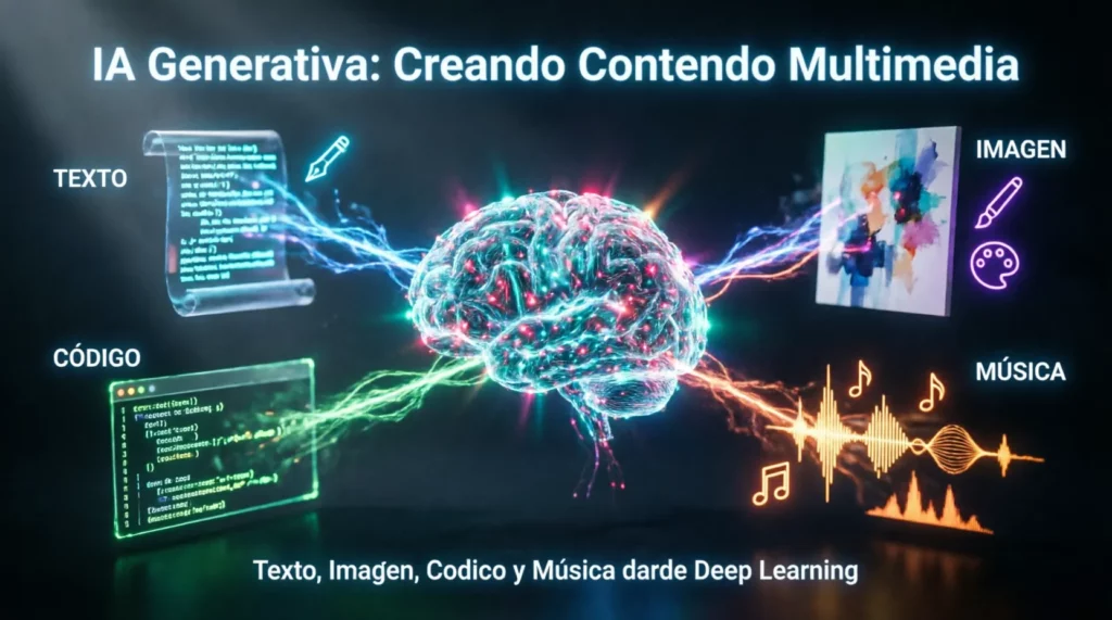 IA generativa creando contenido multimedia: texto, imagen, código y música desde algoritmos de deep learning.