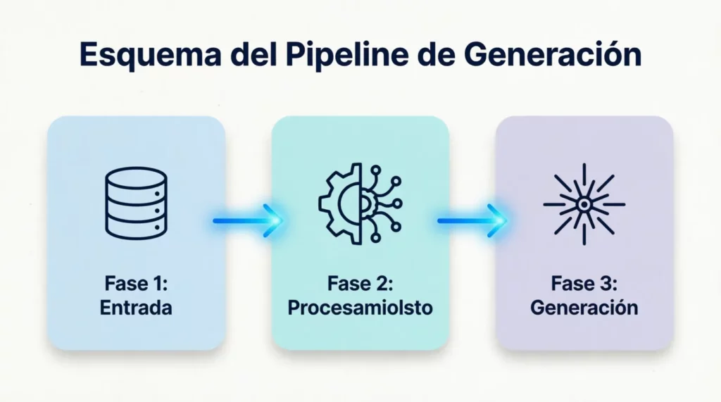 Pipeline de entrenamiento de IA generativa: pre-entrenamiento masivo, alineación con RLHF e inferencia por prompts.