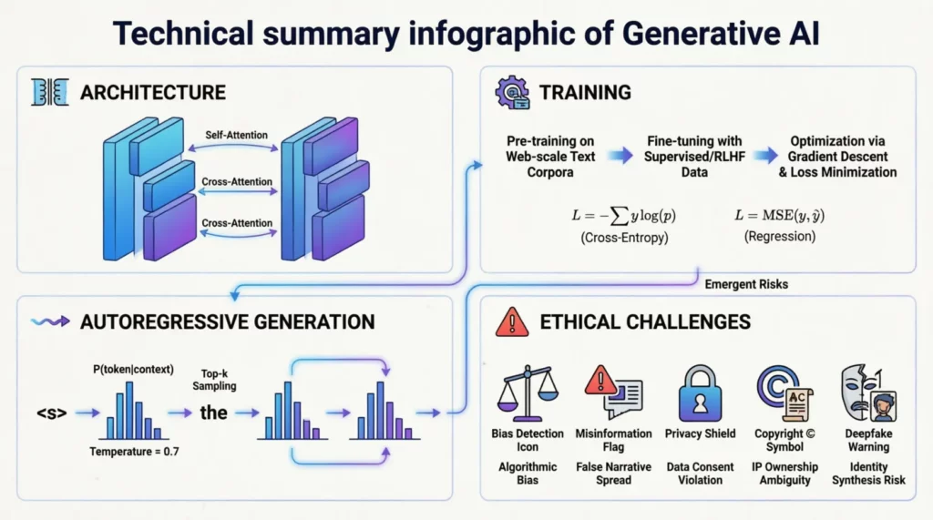 Resumen técnico de IA generativa: arquitectura, entrenamiento, generación autoregresiva y principales desafíos éticos.