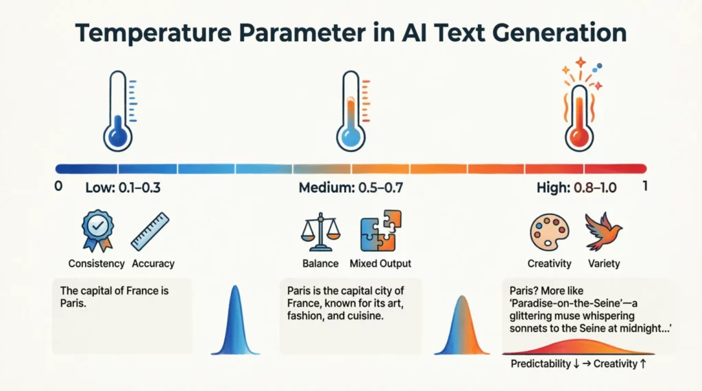 Cómo el parámetro de temperatura influye en la generación de texto en inteligencia artificial generativa y modelos GPT.