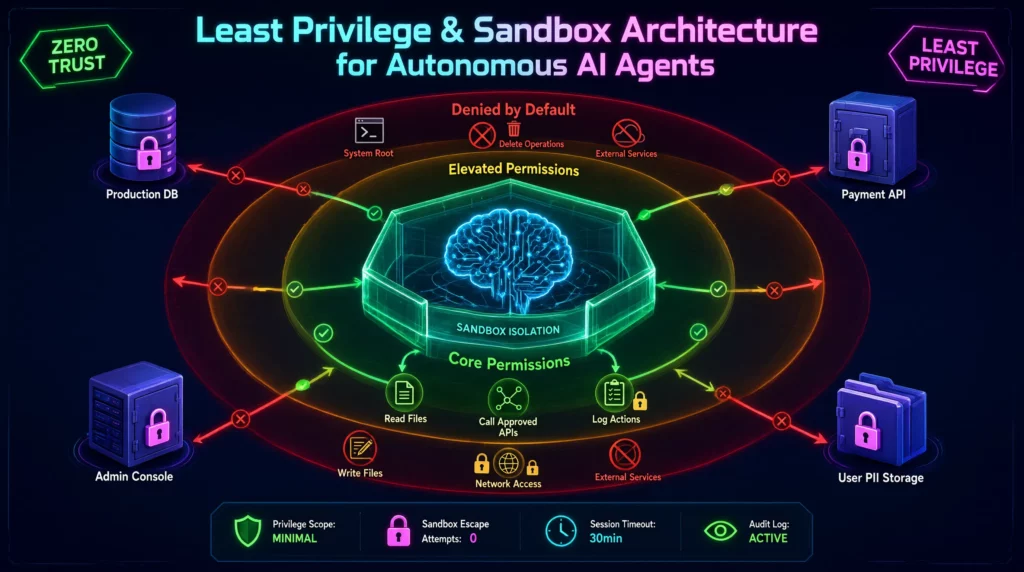 Esquema de permisos mínimos y sandbox para agentes de IA autónomos